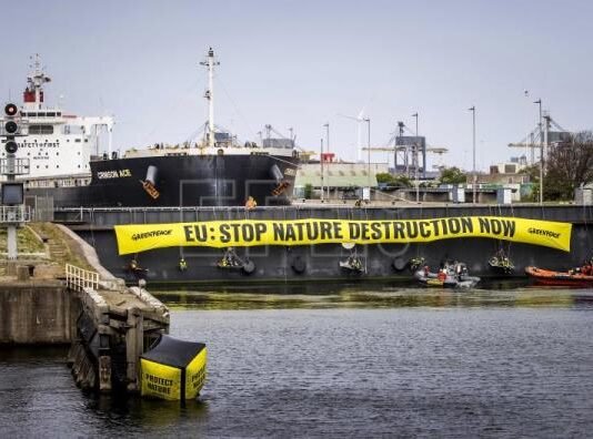 Buque con 60 mil toneladas de soja del Brasil, fue impedido de ingresar a un puerto en Ámsterdam por activistas de una ONG Imagen Agencia EFE