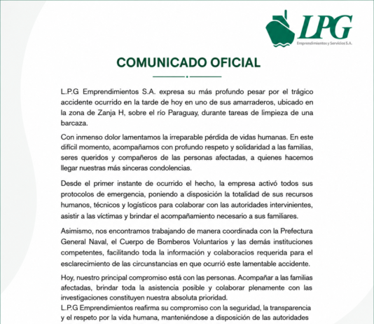 L.P.G. Emprendimientos S.A. expresa su profundo pesar y reafirma su colaboración tras el trágico accidente en el río Paraguay